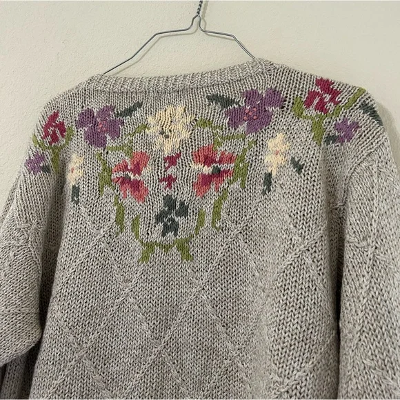 Vintage L.L. Bean Floral Knit Women's Sweater Tan/pink Button Up Cotton Ramie S - Picture 5 of 11